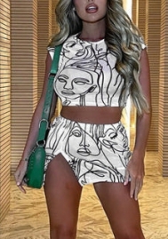 (Real Image)2022 Styles Women Fashion INS Styles Print White Two Piece Dress