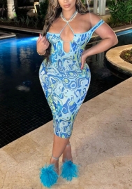 (Real Image)2022 Styles Women Fashion INS Styles Print Blue Halter Tie Midi Dress
