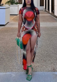 (Real Image)2022 Styles Women Fashion INS Styles Short Sleeve Print High Split Maxi Dress