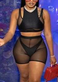 (Real Image)2022 Styles Women Fashion INS Styles Black Mesh Short Two Piece Suit