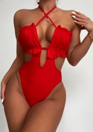 (Real Image)2022 Styles Women Fashion INS Styles Red Cut Out One Piece Swimwear