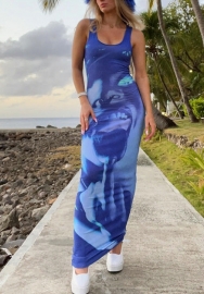 2022 Styles Women Sexy INS Styles Print Blue Maxi Dress