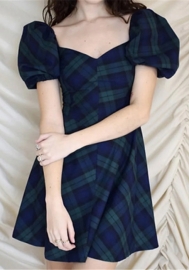 (Real Image)2022 Styles Women Fashion INS Styles Plaid Puff Short Sleeve Mini Dress