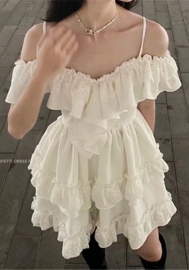 (Real Image)2022 Styles Women Fashion INS Styles Strap Ruffle White Lace Hem Mini Dress