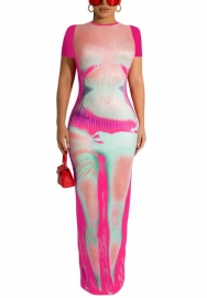 (Real Image)2022 Styles Women Fashion INS Styles Print Short Sleeve Maxi Dress