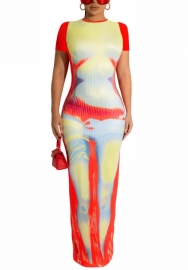 2022 Styles Women Fashion INS Styles Print Short Sleeve Maxi Dress