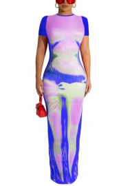 2022 Styles Women Fashion INS Styles Print Short Sleeve Maxi Dress