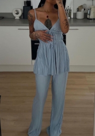 (Real Image)2022 Styles Women Fashion INS Styles Blue Solid Color Two Piece Suit