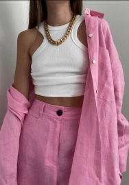 (Real Image)2022 Styles Women Fashion INS Styles Front Button Rib Solid Color Two Piece Suit