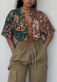 (Only Tops)2022 Styles Women Fashion INS Styles Print Contrast Color Front Tie Short Sleeve Tee