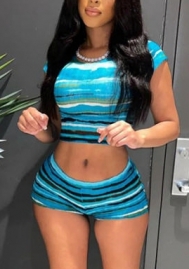 (Real Image)2022 Styles Women Fashion INS Styles Print Blue Short Two Piece Suit