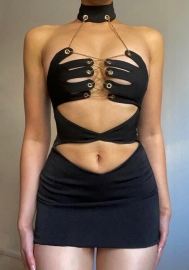 (Real Image)2022 Styles Women Fashion INS Styles Black Front Lace Up Cut Out Club Dress