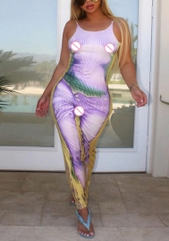 (Real Image)2022 Styles Women Fashion INS Styles Print Purple Strap Maxi Dress