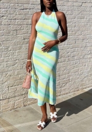 (Real Image)2022 Styles Women Fashion INS Styles Print Contrast Color Halter Maxi Dress