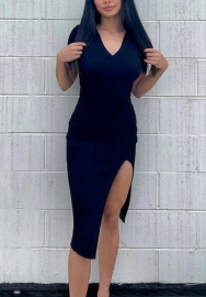 2022 Styles Women Fashion INS Styles Short Sleeve Split V Neck Midi Dress