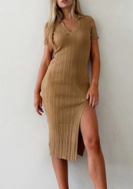 2022 Styles Women Fashion INS Styles Short Sleeve Split V Neck Midi Dress