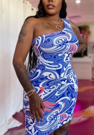 (Real Image)2022 Styles Women Fashion INS Styles Print Blue Single Shoulder Club Dress