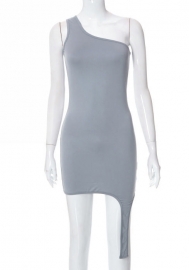 (Real Image)2022 Styles Women Fashion INS Styles Solid Color Single Shoulder Irregular Mini Dress