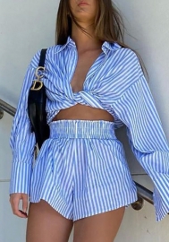 (Real Image)2022 Styles Women Fashion INS Styles Striped Front Button Shirts + Short Pants 2 Piece Suit