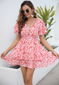 (Real Image)2022 Styles Women Fashion INS Styles Floral  V Neck Bohemian Mini Dress