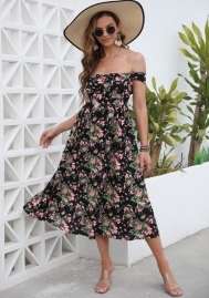 (Real Image)2022 Styles Women Fashion INS Styles  Black Floral Off Shoulder Bohemian Maxi Dress