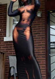 (Real Image)2022 Styles Women Fashion INS Styles Print Long Sleeve Maxi Dress