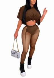 (Real Image)2022 Styles Women Fashion INS Styles Solid Color Short Sleeve Tee+Mesh Long Pants Two Piece Suit