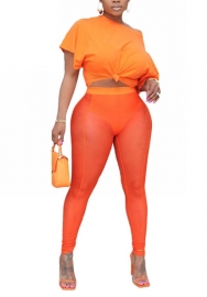 2022 Styles Women Fashion INS Styles Solid Color Short Sleeve Tee+Mesh Long Pants Two Piece Suit