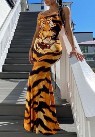 (Real Image)2022 Styles Women Fashion INS Styles Print Tiger Midi Dress