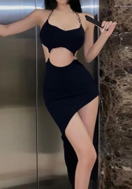 (Real Image)2022 Styles Women Fashion INS Styles Black Cut Out Maxi Dress