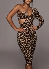 (Real Image)2022 Styles Women Fashion INS Styles Print Leopard Single Shoulder Midi Dress
