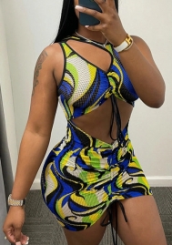 (Real Image)2022 Styles Women Fashion INS Styles Print Cut Out Mini Dress