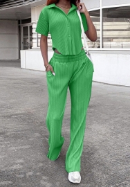 (Real Image)2022 Styles Women Fashion INS Styles Solid Color Front Button Shirts+Long Pants Two Piece Suit