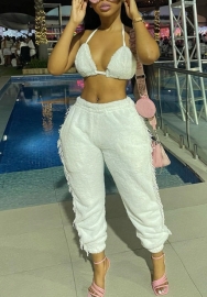 (Real Image)2022 Styles Women Fashion INS Styles Tassel White Sweater Bra+Long Pants Two Piece Suit
