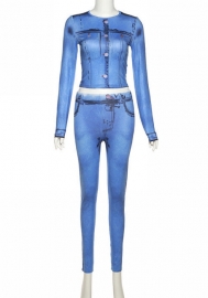 (Real Image)2022 Styles Women Fashion INS Styles Print Jeans Long Sleeve Tops and Long Pants Two Piece Suit