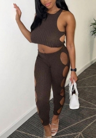 (Real Image)2022 Styles Women Fashion INS Styles Coffee Cut Out Two Piece Suit