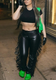 (Real Image)2022 Styles Women Fashion INS Styles  Black PU Double Tassel Long Pants