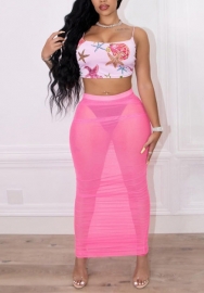 (Real Image)2022 Styles Women Fashion INS Styles Pink Print Strap Tank Tops+Maxi Skirts Maxi Dress