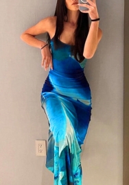 (Real Image)2022 Styles Women Fashion INS Styles Print Blue Strap Maxi Dress