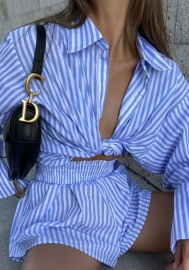 (Real Image)2022 Styles Women Fashion Instagram Styles Striped Front Button Shirts Tops and Short Pants Short Two Piece Suit
