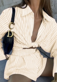 (Real Image)2022 Styles Women Fashion Instagram Styles Striped Front Button Shirts Tops and Short Pants Short Two Piece Suit