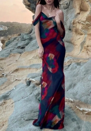 (Real Image)2022 Styles Women Fashion Instagram Styles Print Cold Shoulder Maxi Dress