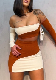 (Real Image)2022 Styles Women Fashion Instagram Styles Off Shoulder Contrast Color  Two  Piece Dress