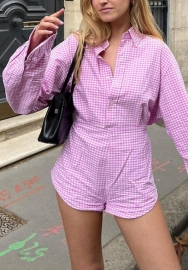 (Pink)2022 Styles Women Fashion Instagram Styles Plaid Front Shirts Long Sleeve Romper