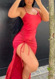 (Red)2022 Styles Women Fashion INS Styles Strap Irregular High Split Maxi Dress