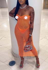 (Real Image)2022 Styles Women Fashion Instagram Styles Orange Tube Net Maxi Dress