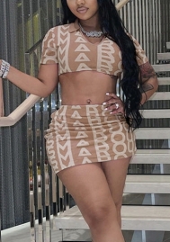 (Khaki)2022 Styles Women Fashion Instagram Styles Print Crop Tops+Skirts Two Piece Dress