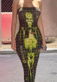 (Real Image)2022 Styles Women Fashion Instagram Styles Tube Print Green Maxi Dress