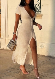 (Real Image)2022 Styles Women Fashion Instagram Styles Cotton Front Button Short Sleeve Maxi Dress