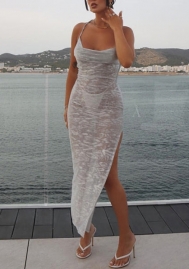 (Real Image)2022 Styles Women Fashion Instagram Styles Gray Tie Maxi Dress